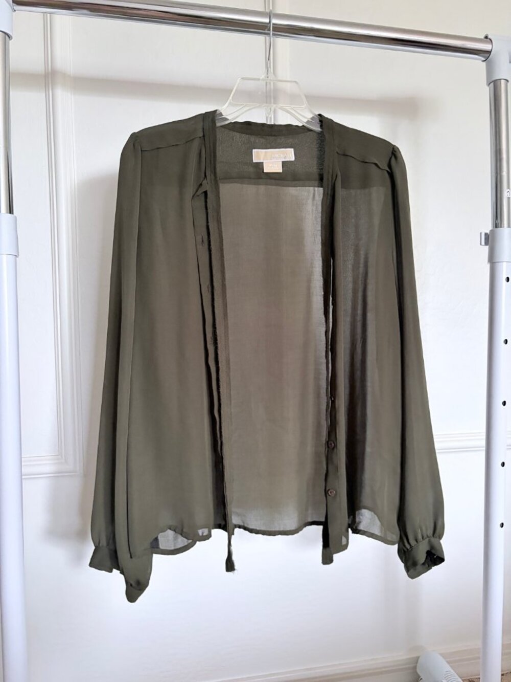 NWOT Michael Kors Olive Sheer Tie Neck Blouse - P/M
